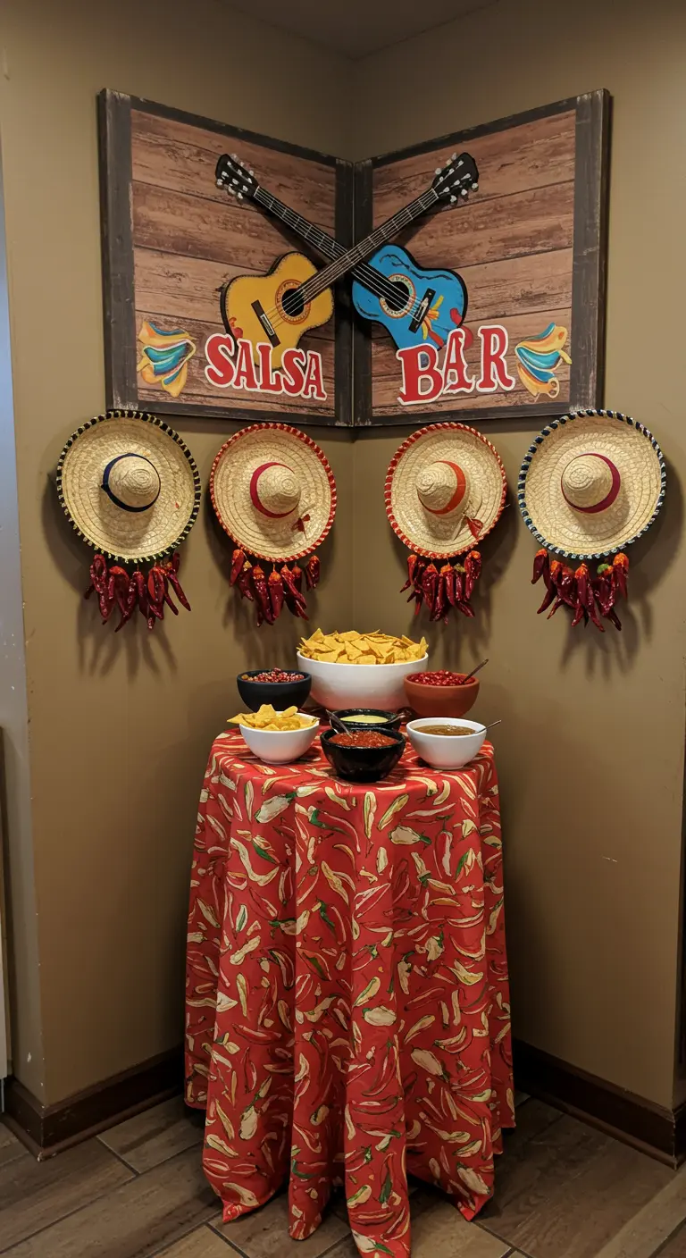 Rincón de snacks con un letrero de Salsa Bar, sombreros con chiles y boles de nachos.