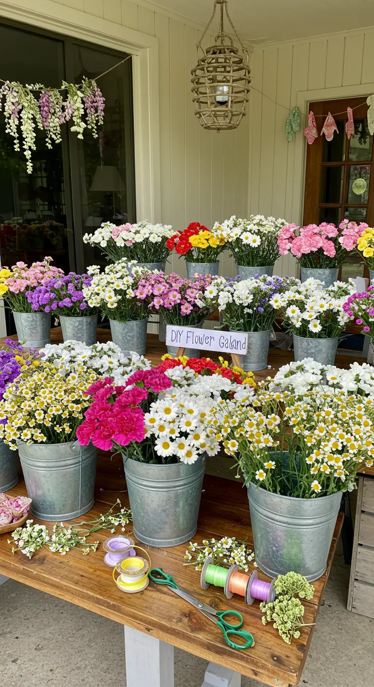 Mesa de madera con cubos de metal llenos de flores variadas para un taller de guirnaldas.
