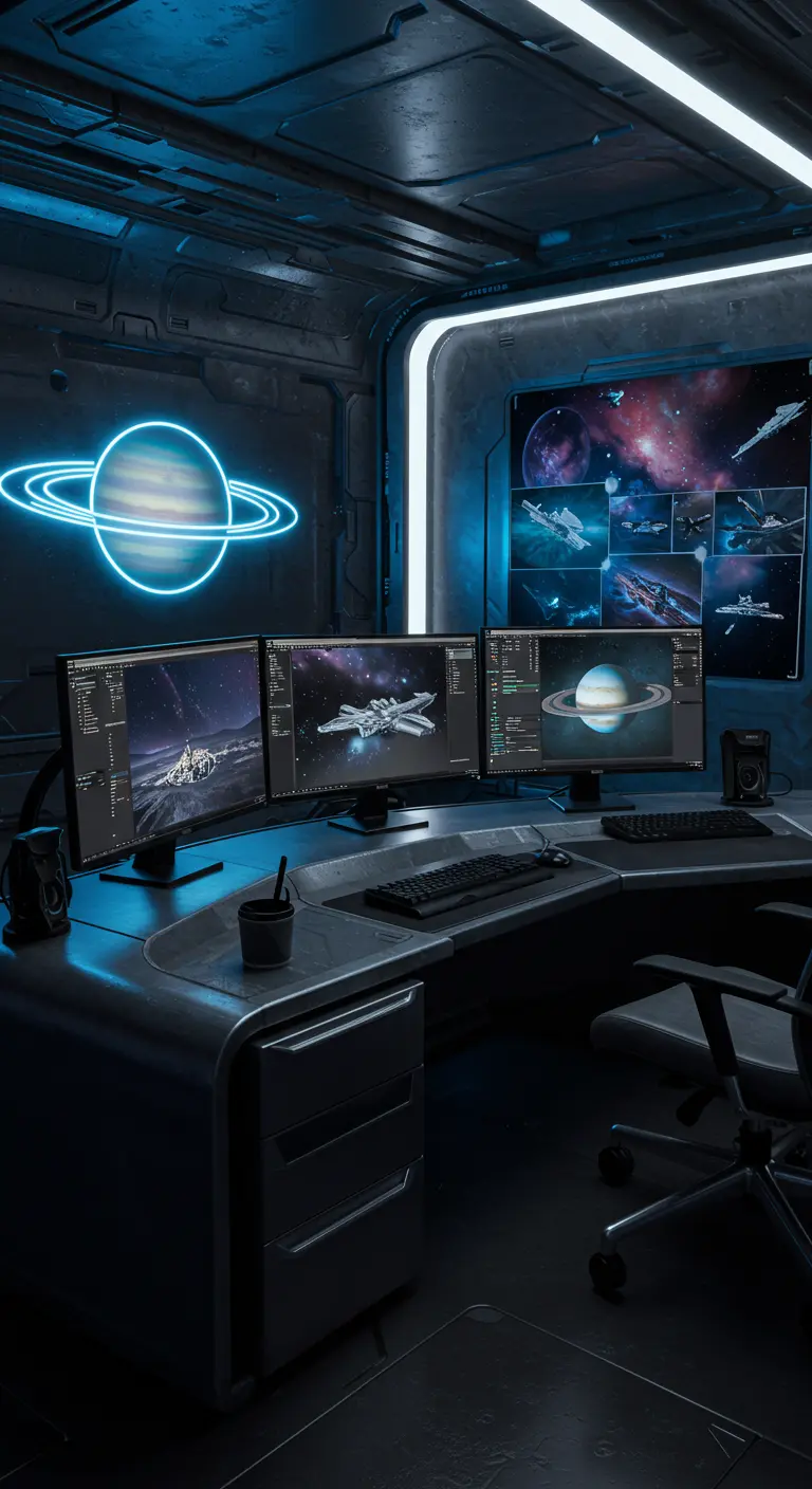 Oficina futurista con múltiples pantallas y un neón azul con la forma de un planeta.