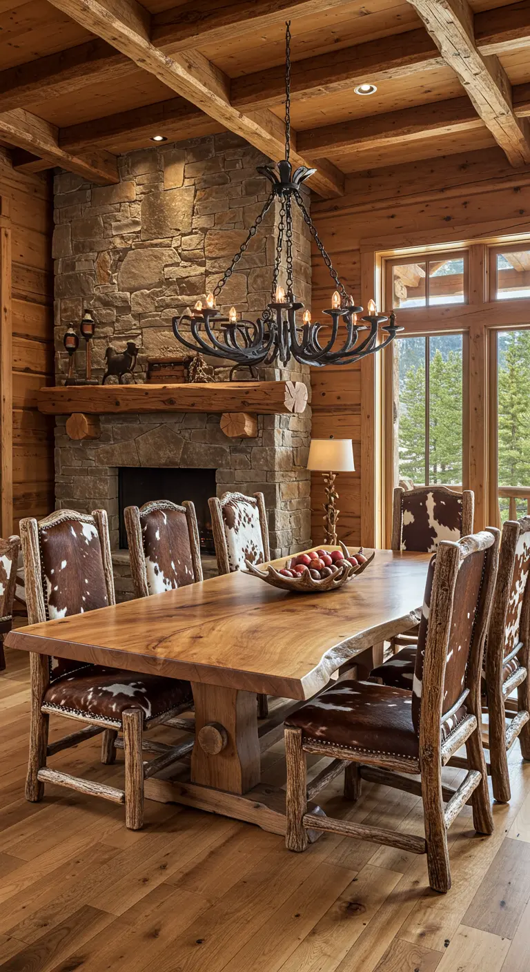 Comedor rústico de cabaña con mesa de madera maciza y sillas tapizadas en piel de vaca.