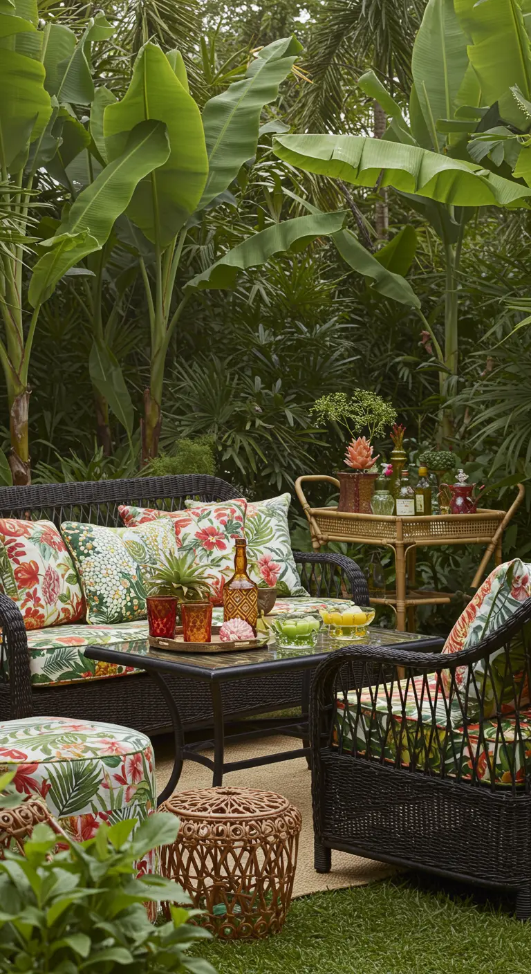 Jardín exuberante con muebles de mimbre oscuro y cojines con estampado de hojas tropicales.