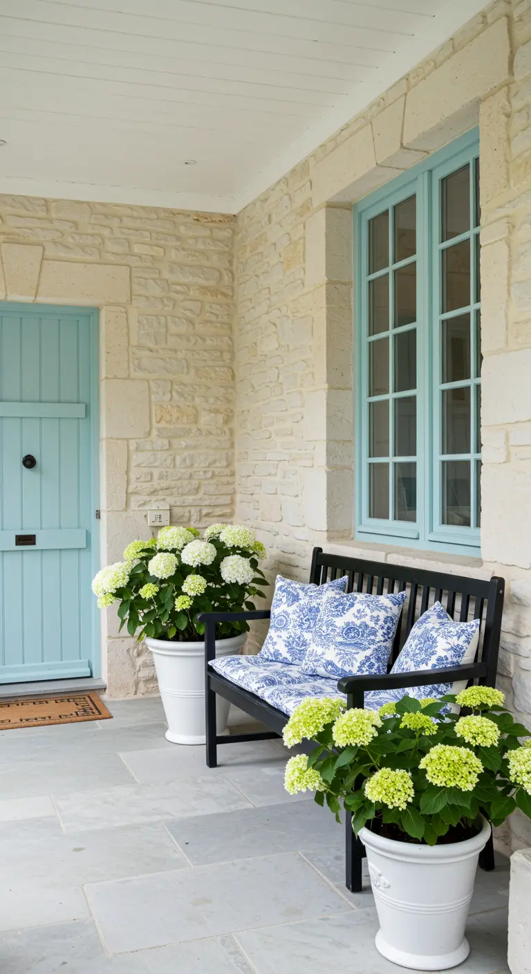 Porche con puerta azul claro, banco negro con cojines azules y blancos, y hortensias blancas