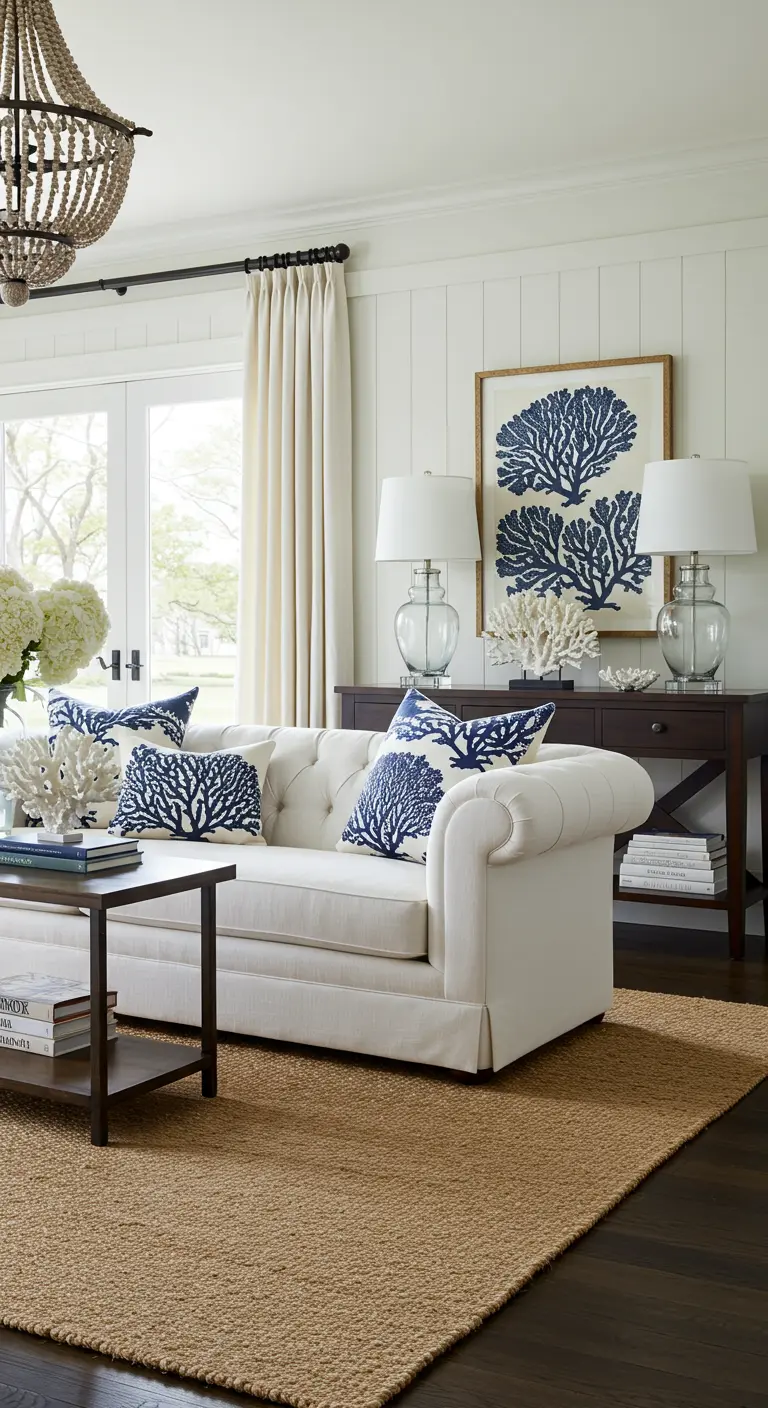 Sala de estar elegante con sofá blanco, cojines de coral azul y decoración náutica simétrica