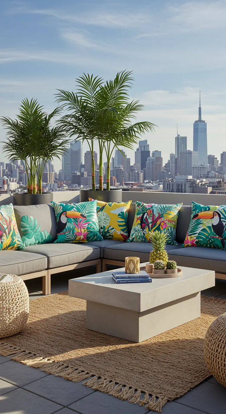 Terraza urbana moderna con sofá gris y cojines tropicales de tucanes y hojas