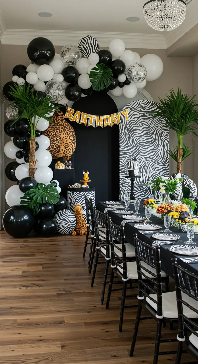 Decoración de fiesta safari en blanco y negro, con estampado de cebra, leopardo y globos.