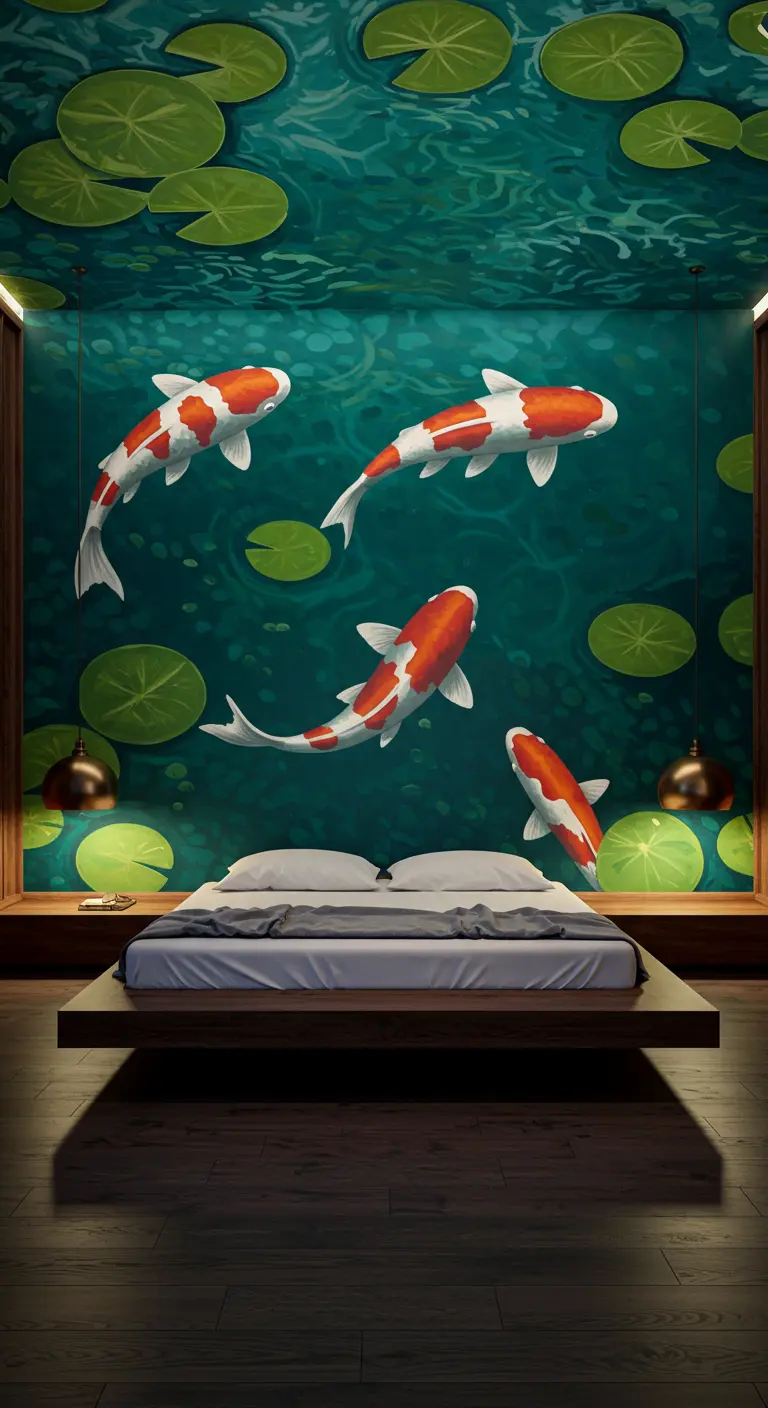 Mural de un estanque con peces koi y nenúfares pintado en el techo de un dormitorio.