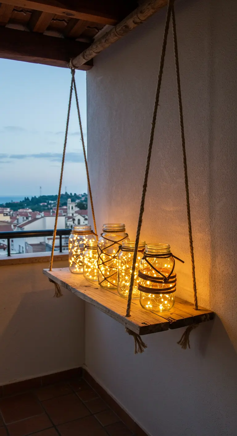 Estante de madera rústico suspendido con cuerdas gruesas, sosteniendo varios frascos con luces LED.