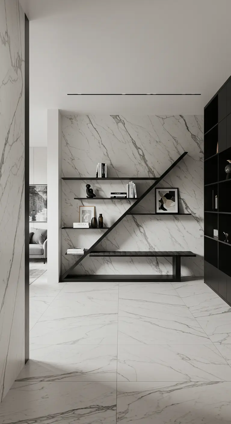 Pared de mármol con una gran estantería metálica negra de diseño asimétrico.