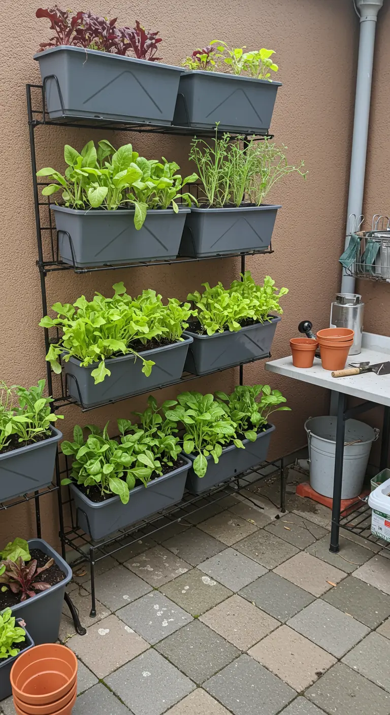 Estantería metálica de varios niveles con jardineras grises llenas de lechugas.