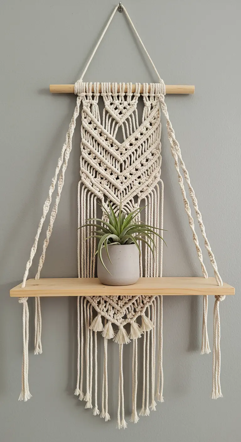 Estantería colgante de macramé en color crudo con una balda de madera clara y una planta de aire.
