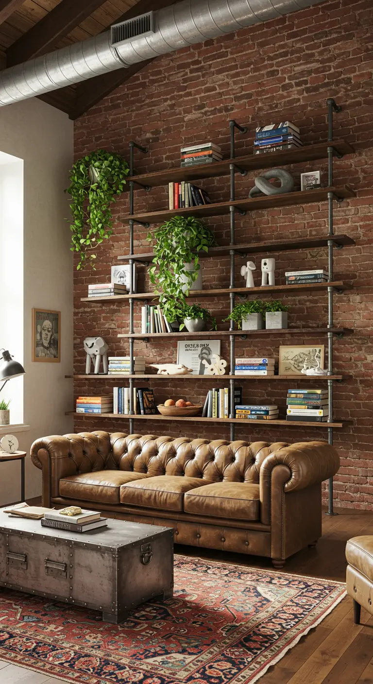 Gran estantería de estilo industrial hecha con tuberías metálicas y baldas de madera sobre una pared de ladrillo.