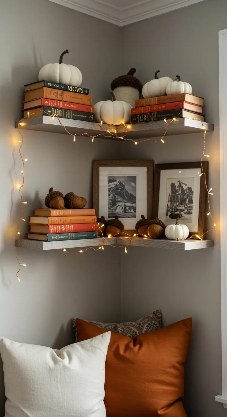 Estantería esquinera decorada con libros, calabazas blancas, bellotas y una guirnalda de luces cálidas.