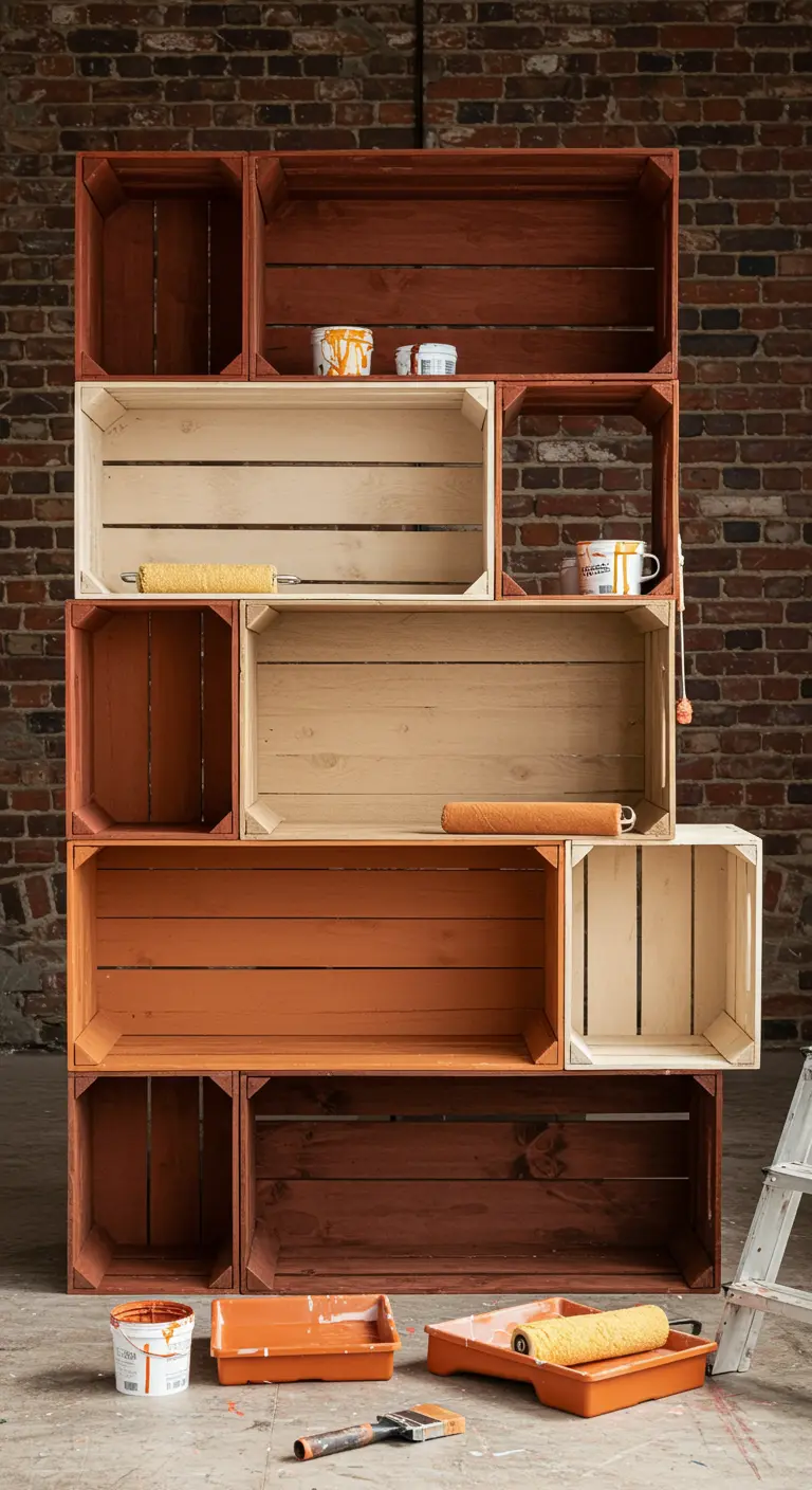 Cajas de madera apiladas como estantería, pintadas en tonos marrones y naranjas.