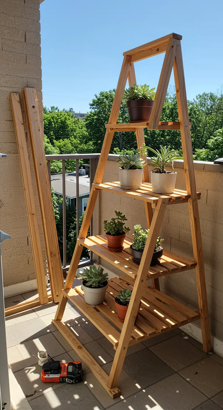 Estantería de madera en forma de A hecha con lamas de persiana para colocar macetas