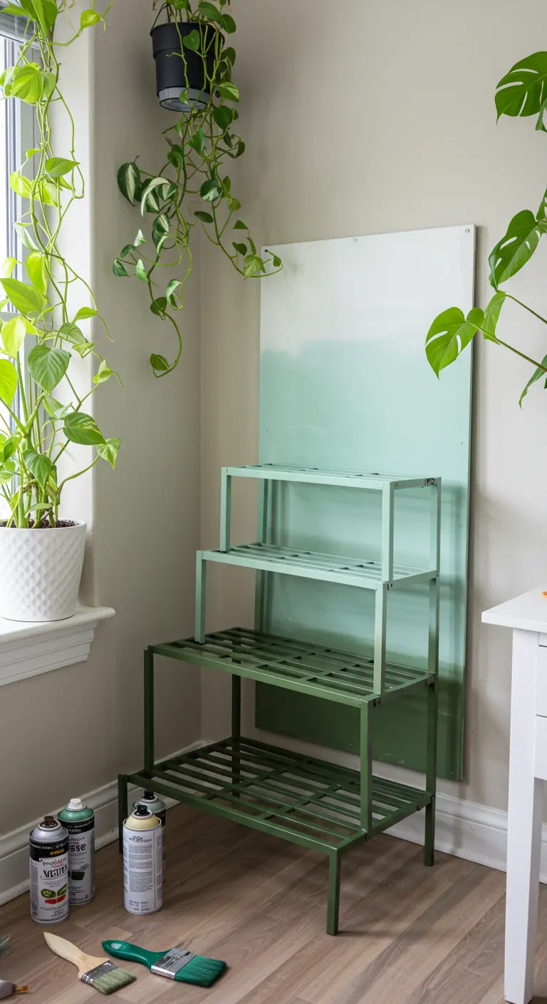 Estantería para plantas pintada con un degradado vertical de verde oscuro a verde menta.