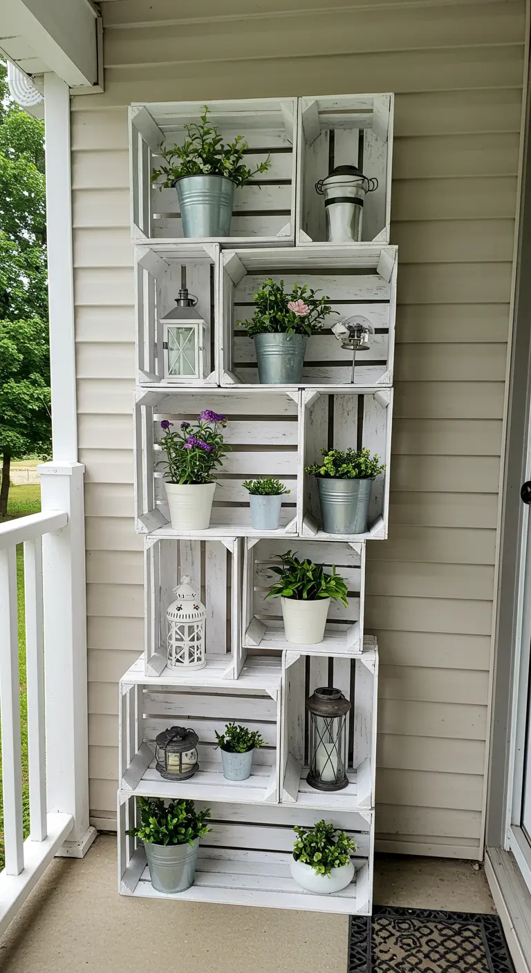 Estantería vertical hecha con cajas de madera pintadas de blanco, llena de macetas y farolillos.