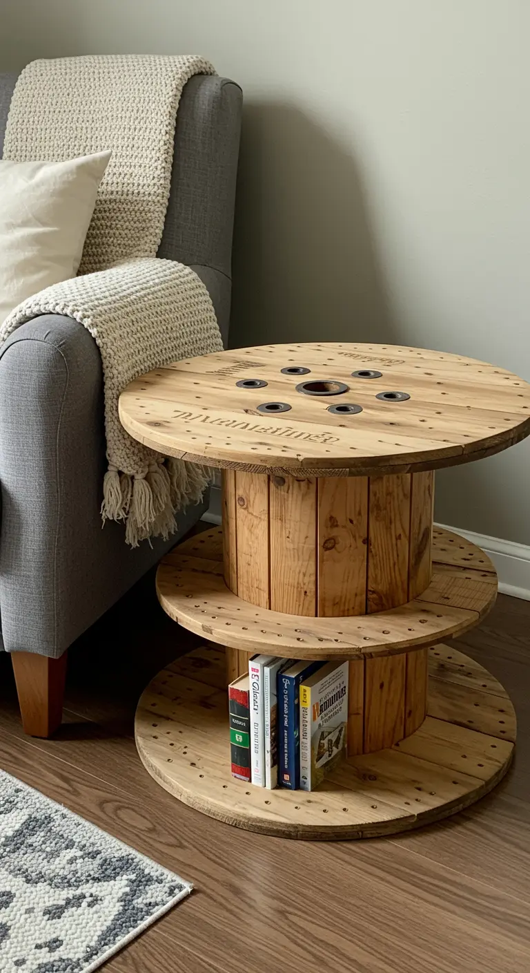 Mesa de carrete modificada con un segundo nivel para almacenar libros.