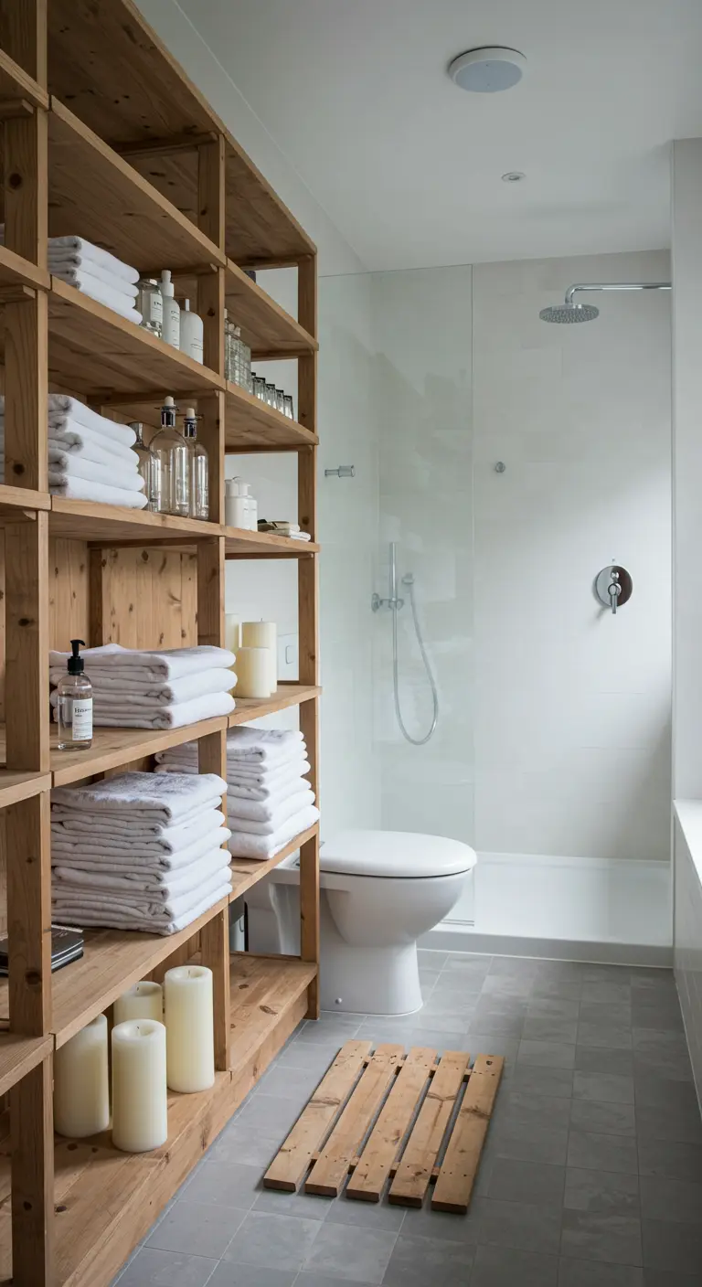 Baño con una gran estantería de madera clara llena de toallas blancas enrolladas y velas.