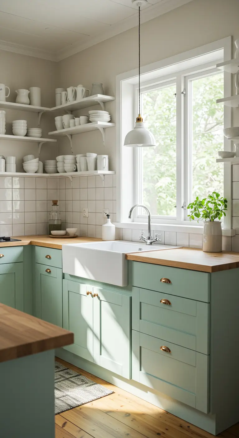 Cocina color menta con fregadero de granja, encimeras de madera y estanterías abiertas.