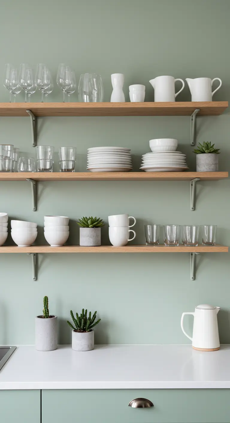 Estanterías de madera abiertas con vajilla blanca y suculentas sobre una pared verde salvia.