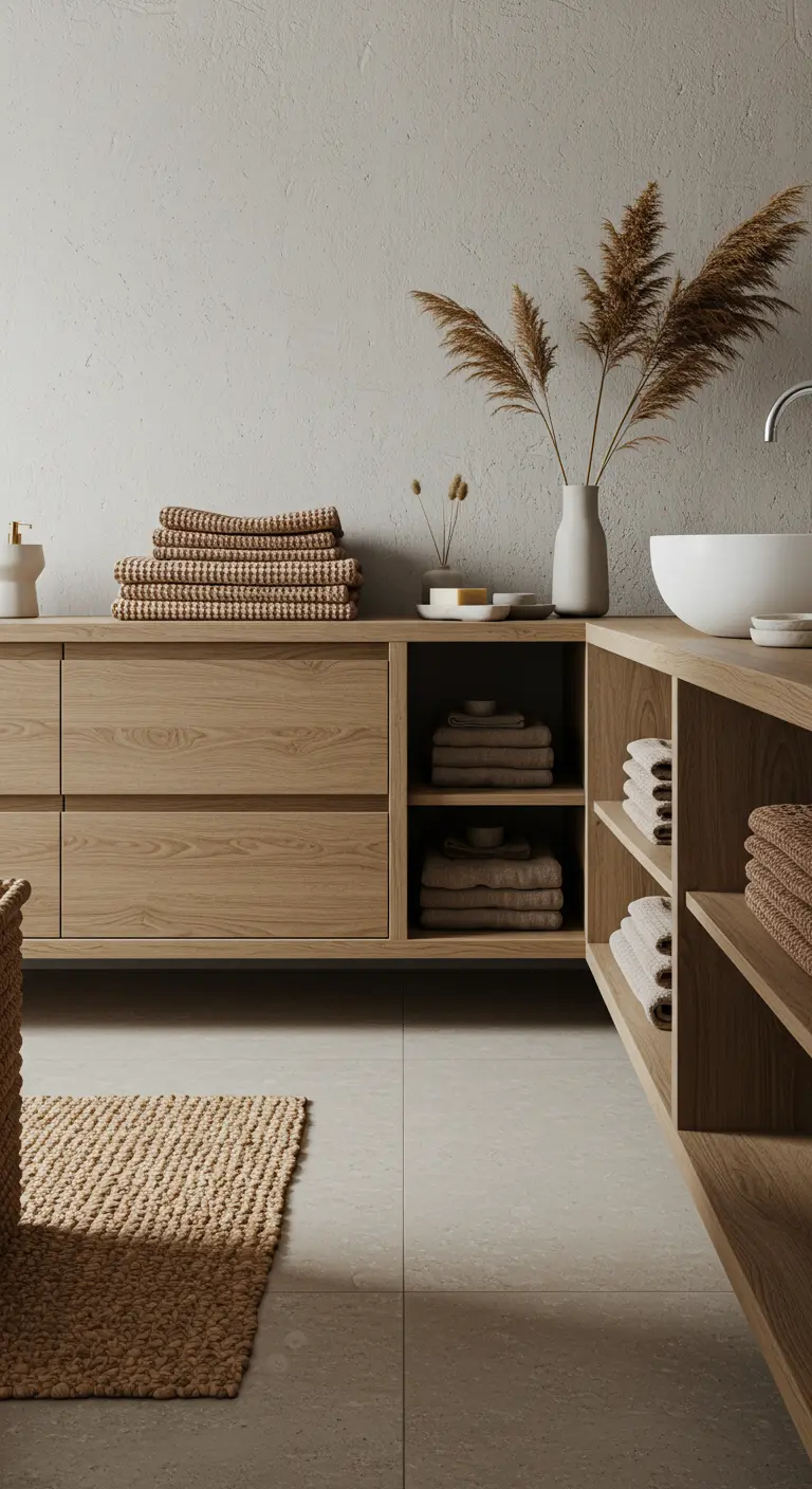 Mueble de baño de madera clara con estanterías abiertas y toallas texturizadas.
