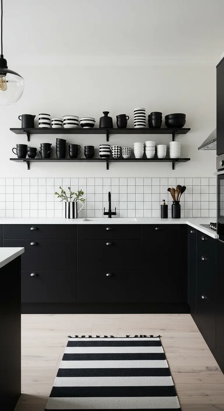Cocina con armarios negros y estanterías abiertas que exhiben vajilla en blanco y negro.