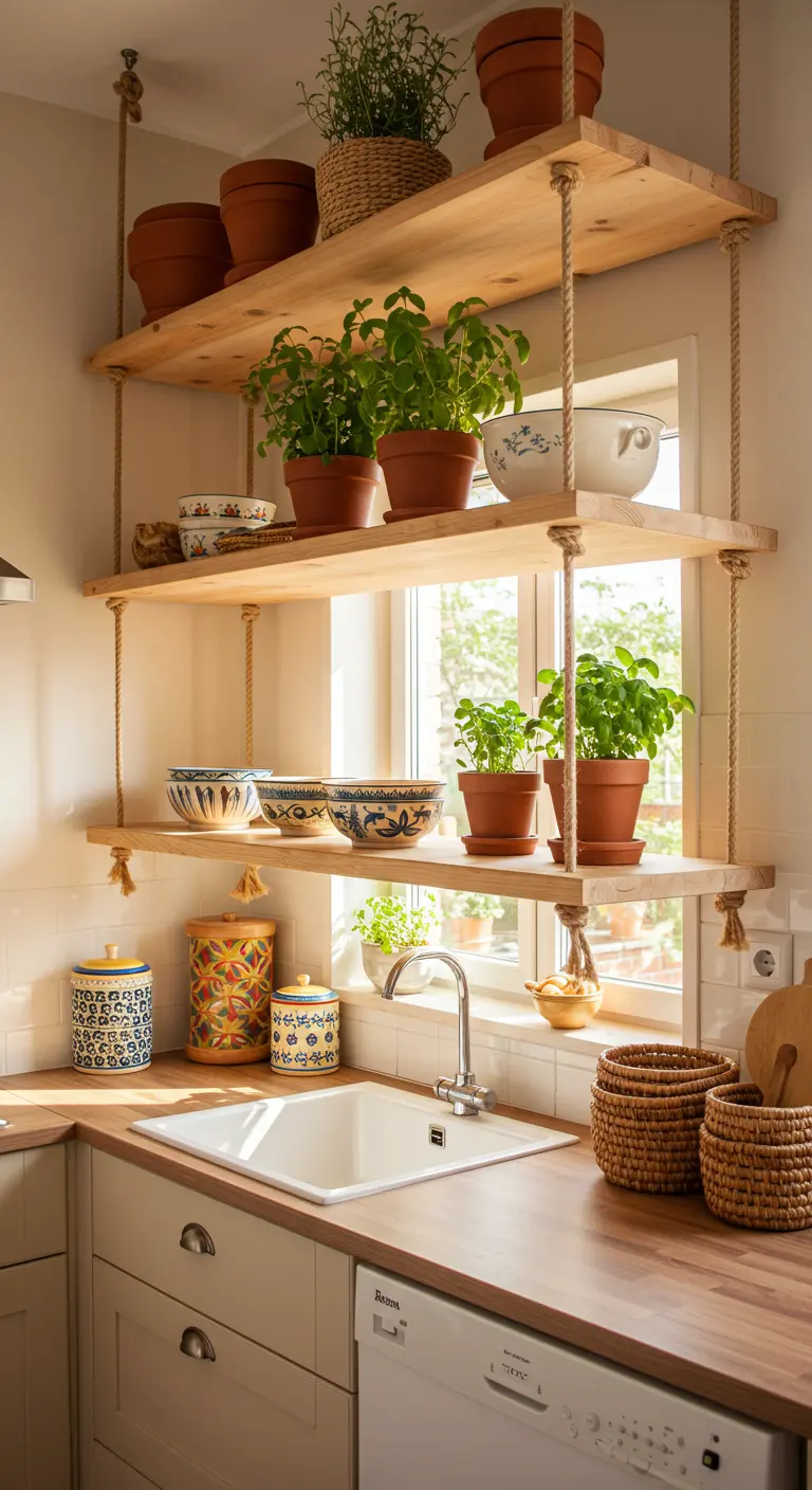 Estanterías de madera suspendidas con cuerdas gruesas delante de una ventana, con plantas y boles.