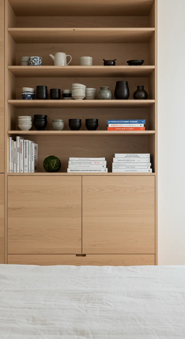 Estantería de madera clara con cerámica japonesa, libros y una bola de musgo kokedama.
