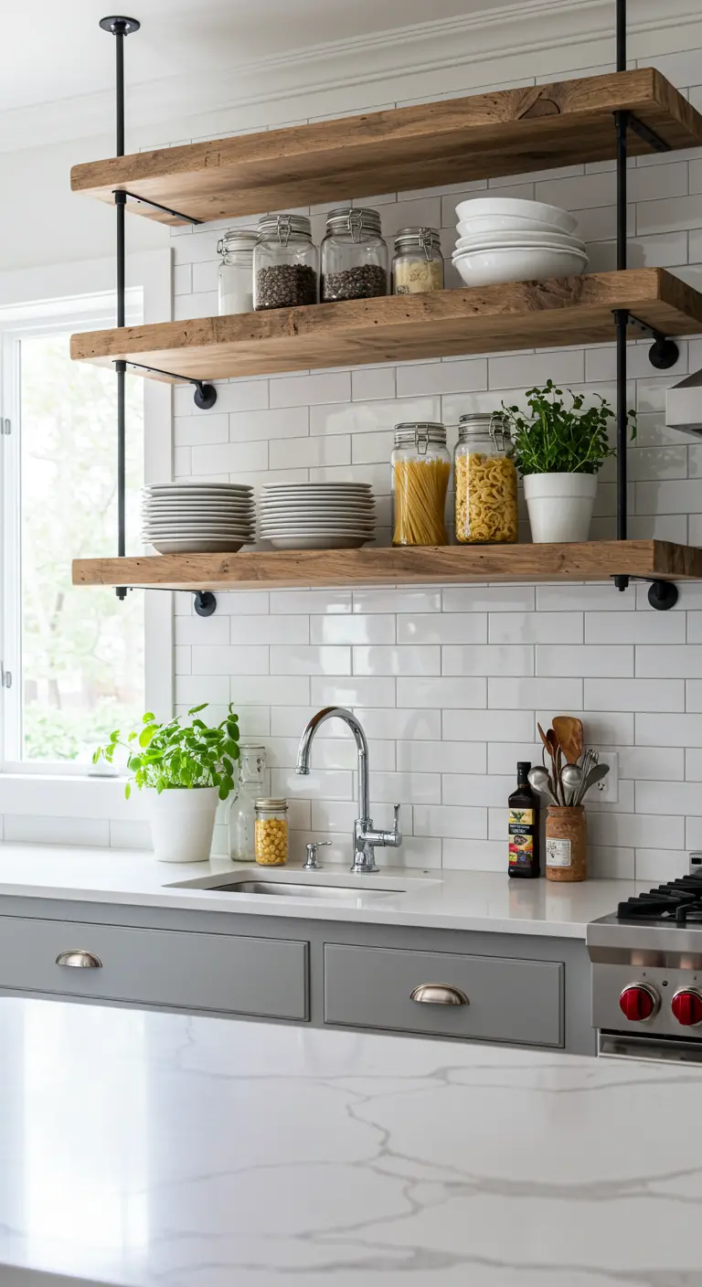 Estanterías de cocina de madera suspendidas del techo con soportes metálicos negros