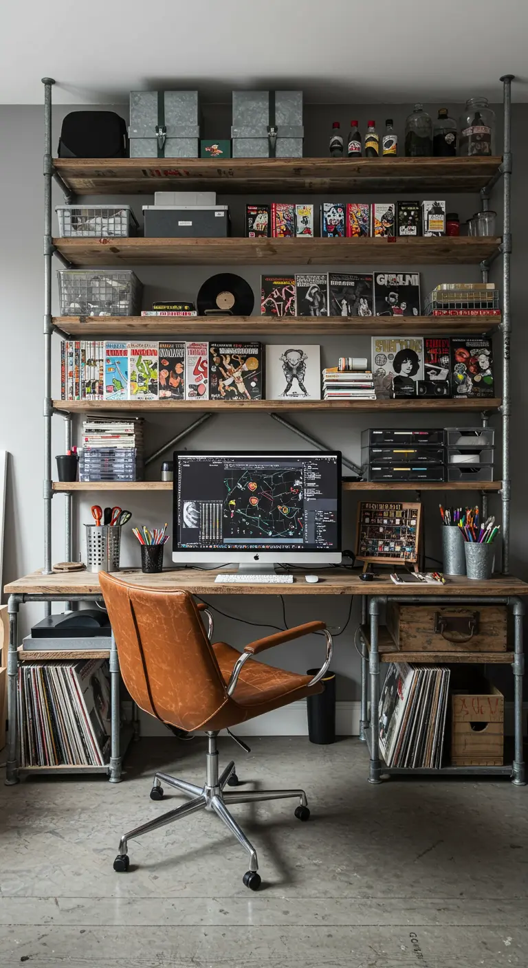Estudio con un gran sistema de estanterías industriales de tuberías y madera, lleno de libros y vinilos