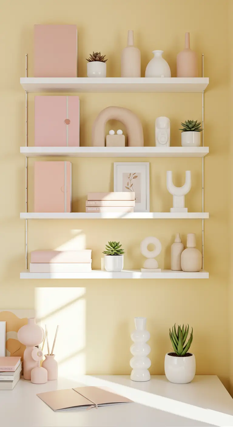 Estanterías blancas sobre una pared amarilla, decoradas con objetos en tonos rosa y blanco.