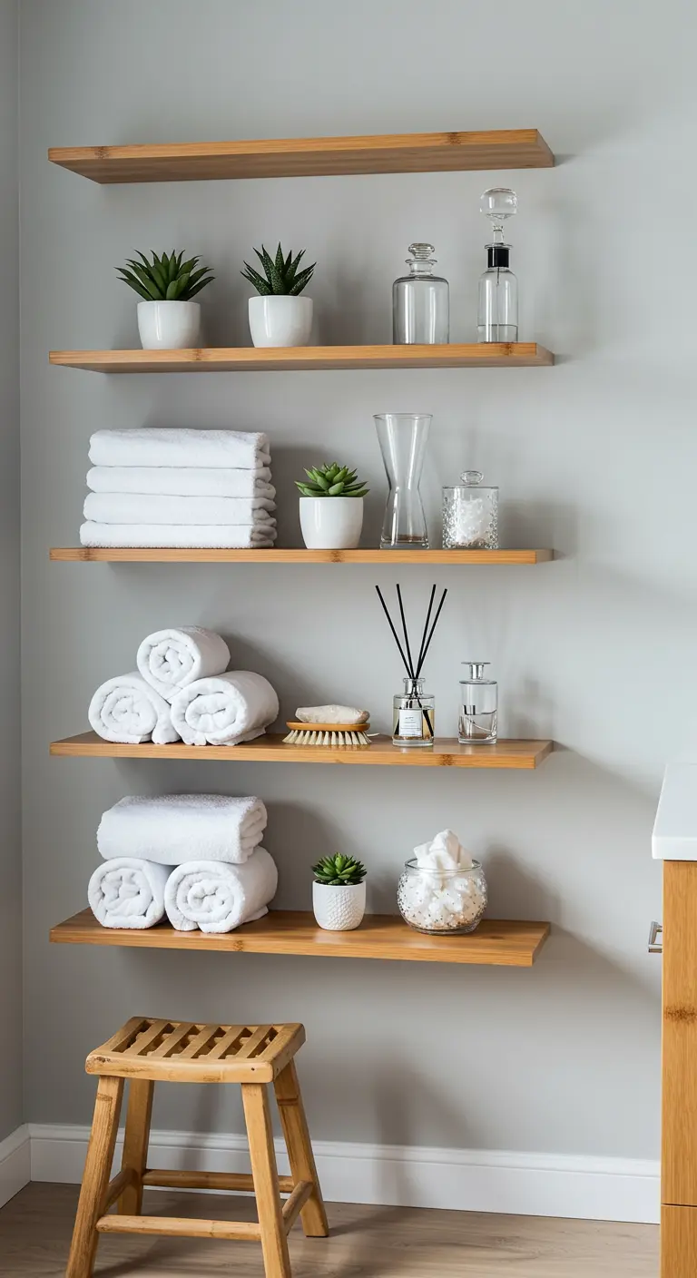 Estanterías flotantes de bambú en una pared gris con toallas blancas enrolladas y plantas.