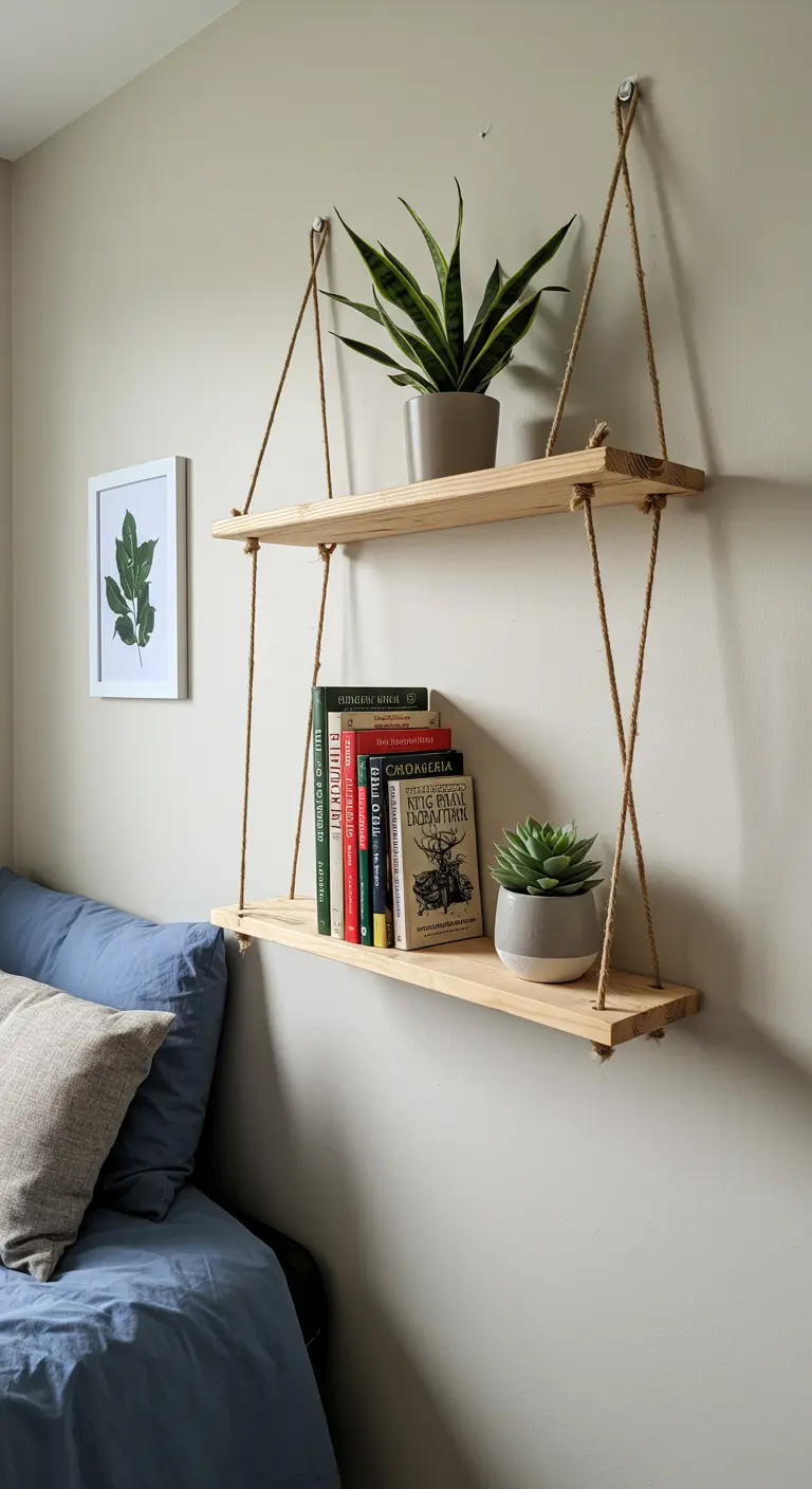 Estantería colgante de dos niveles hecha con tablas de madera y cuerda de yute.