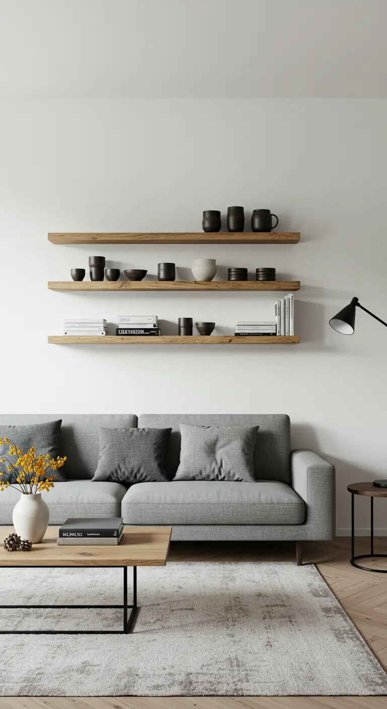 Tres estanterías flotantes de madera sobre un sofá gris en una sala de estar minimalista.