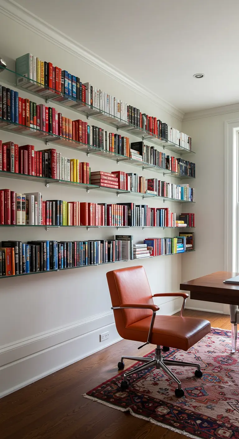 Pared con varias estanterías flotantes de cristal repletas de libros de colores