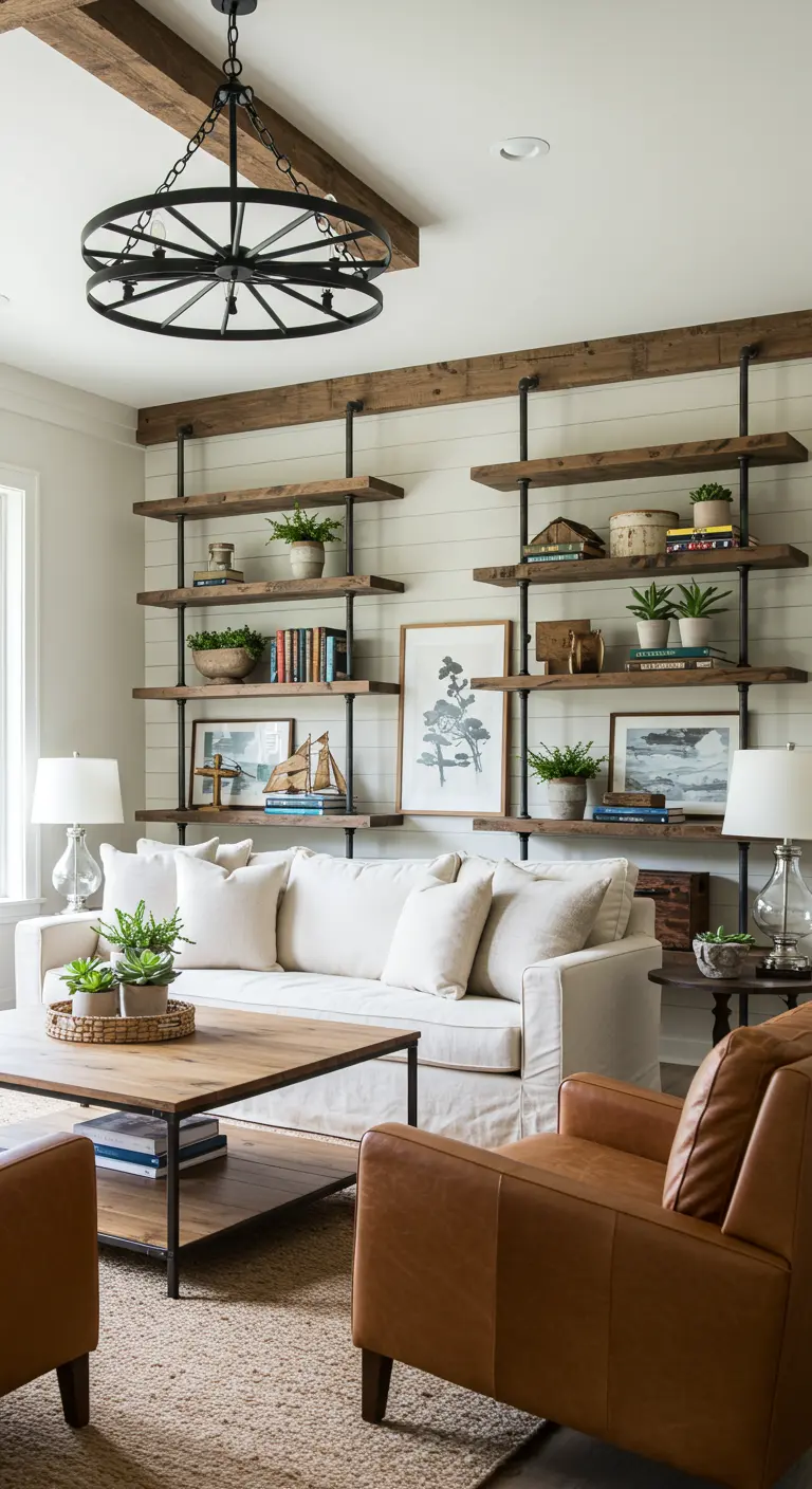 Sala con estanterías industriales de madera y metal llenas de libros y plantas