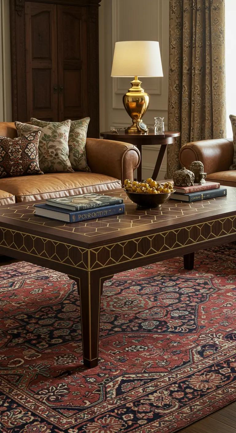 Estantería empotrada de color verde oscuro con libros y objetos decorativos dorados