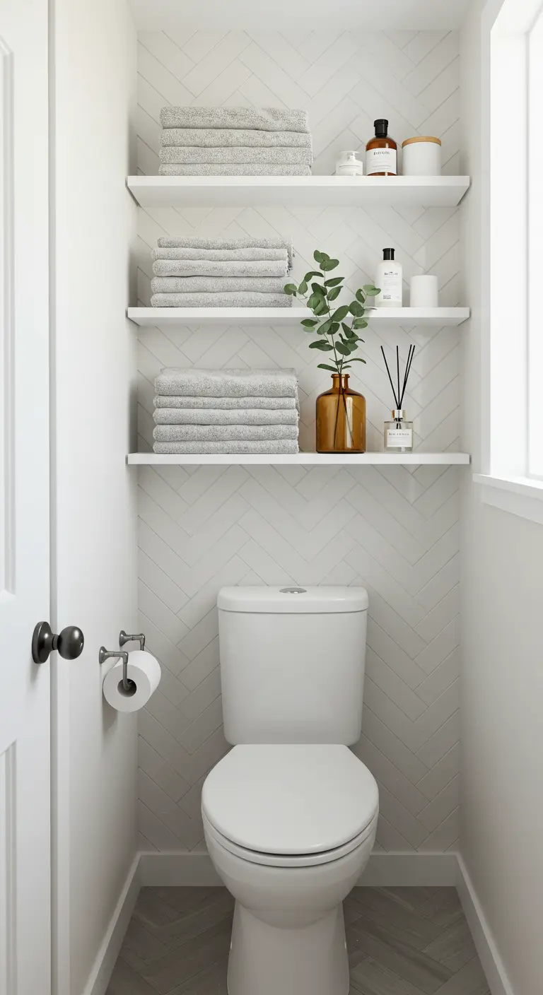 Estantes blancos sobre el inodoro con toallas apiladas y un jarrón ámbar con eucalipto.