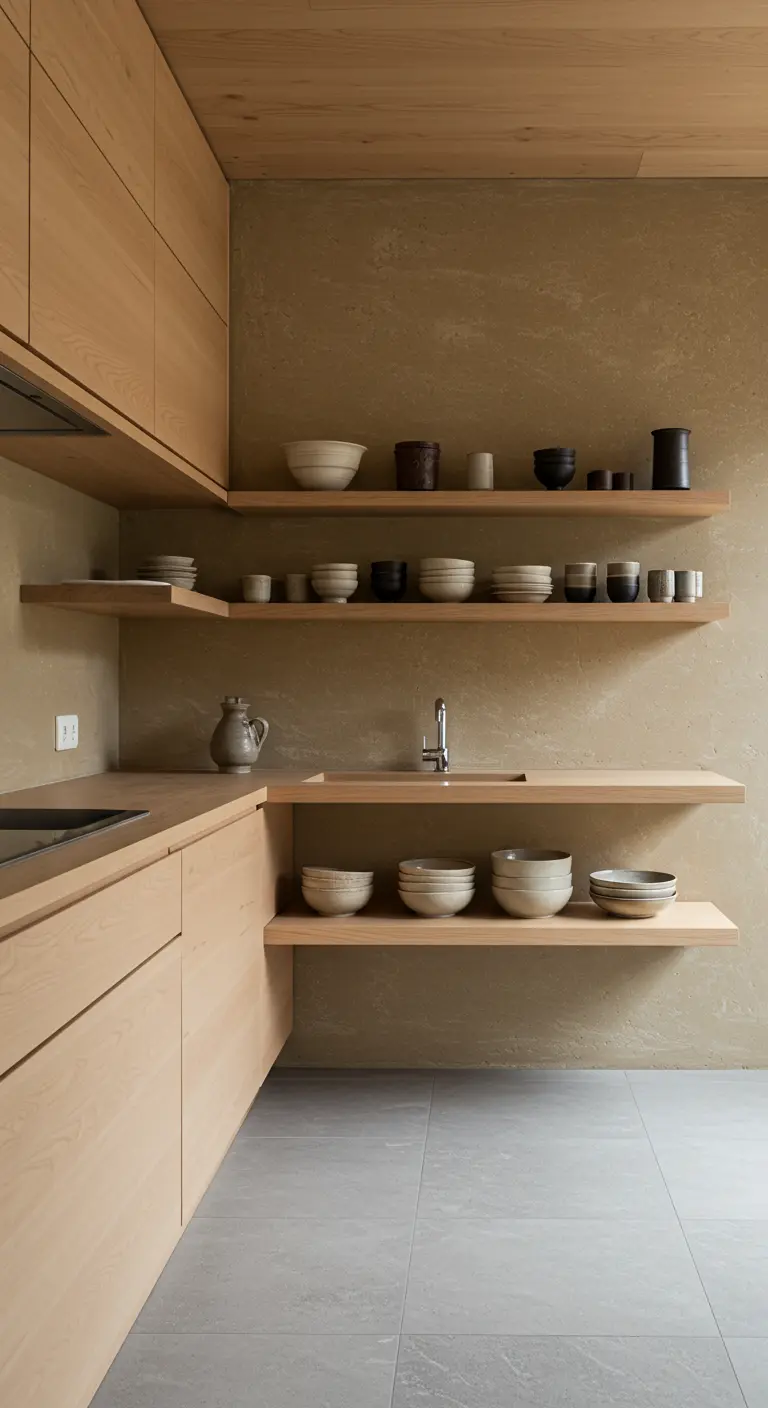 Cocina japonesa con estanterías abiertas de madera clara exhibiendo cerámica artesanal