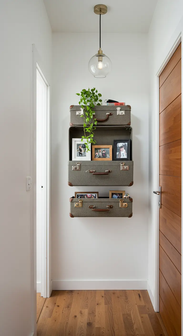 Tres maletas vintage verdes cortadas y montadas en la pared como estanterías flotantes.