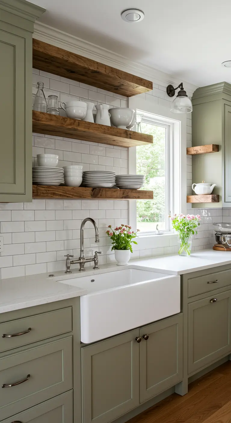 Cocina rústica con gabinetes verde salvia, estantes de madera y fregadero de granja.