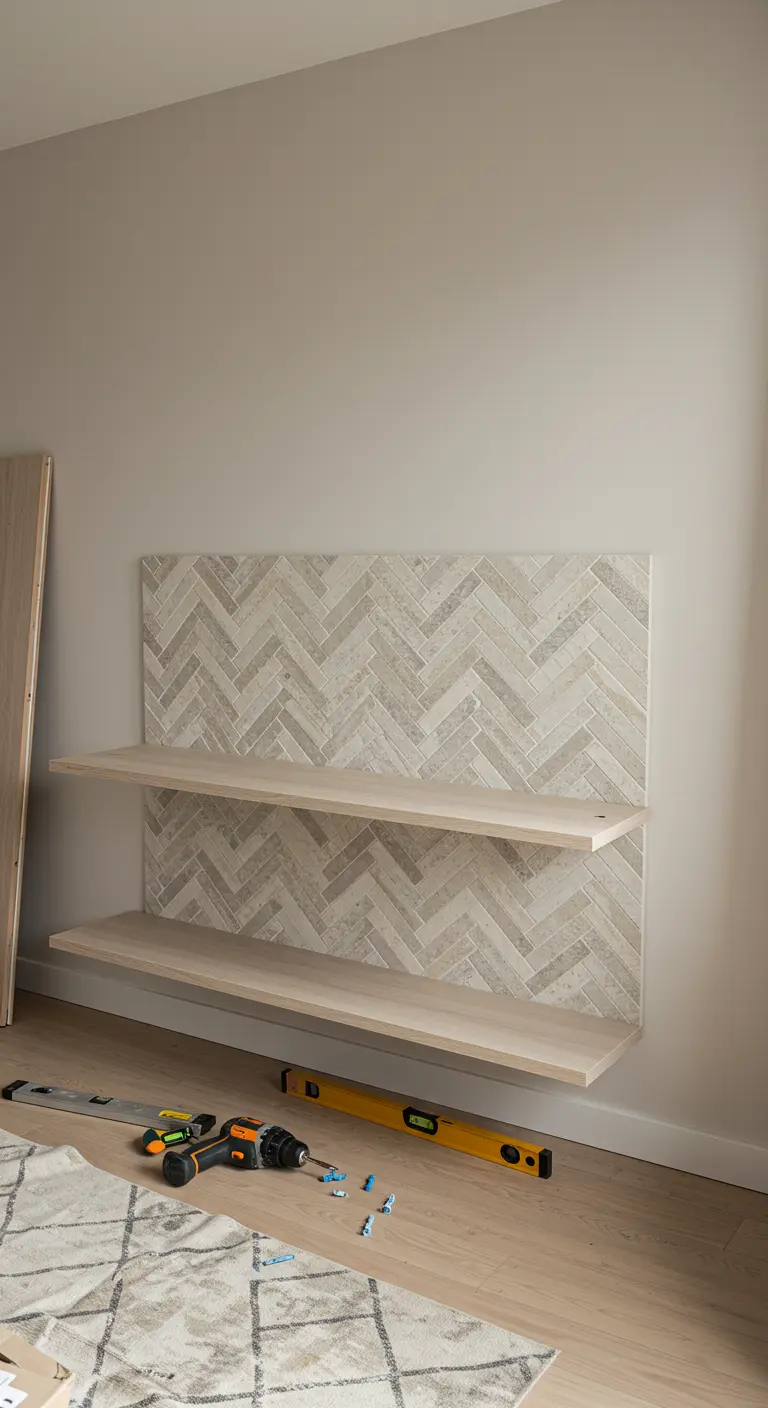 Dos estantes flotantes de madera clara instalados sobre una pared cubierta con un mosaico de azulejos en patrón de espiga.