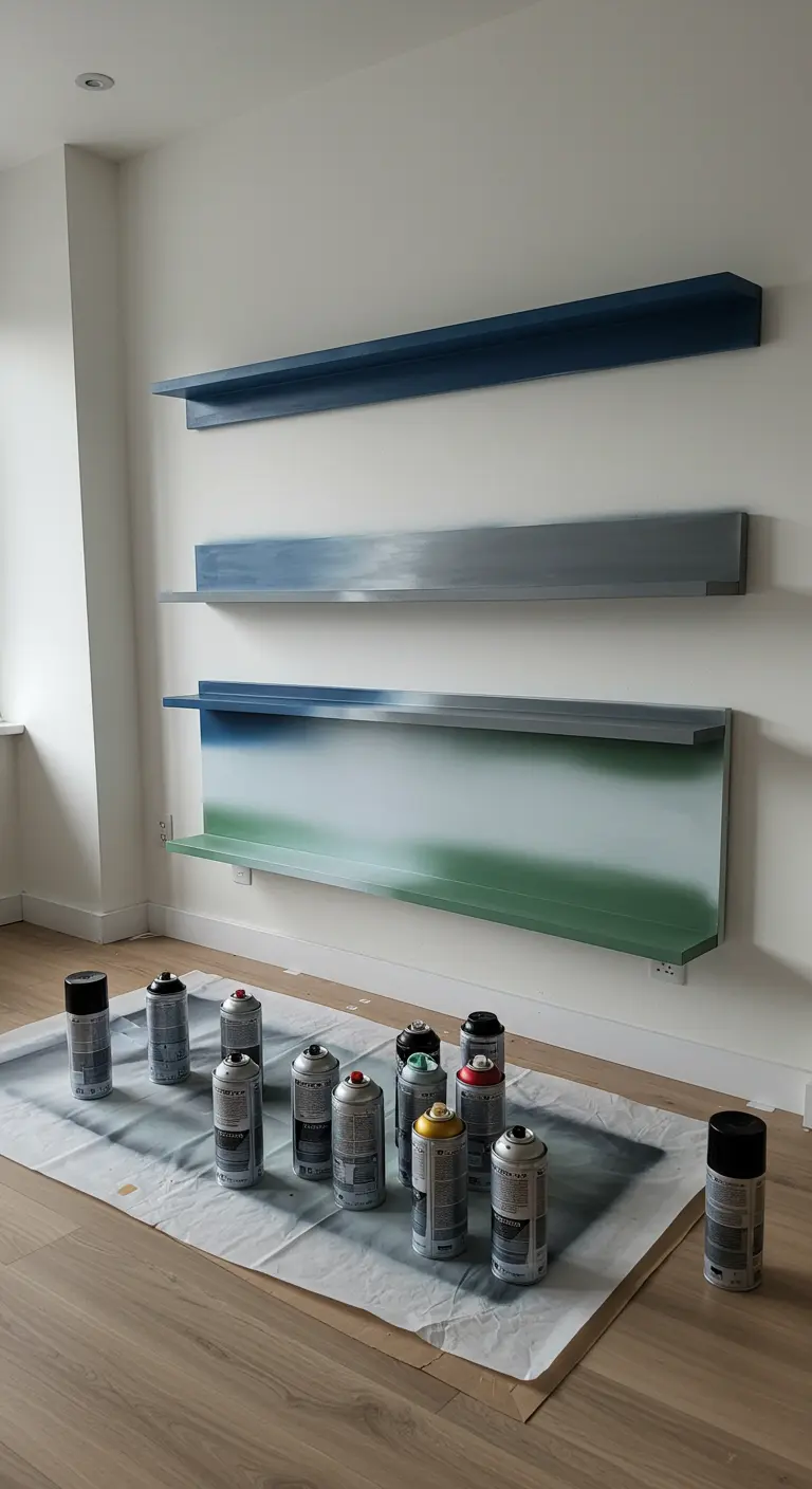 Varios estantes flotantes pintados con un degradado abstracto de azules, grises y verdes.