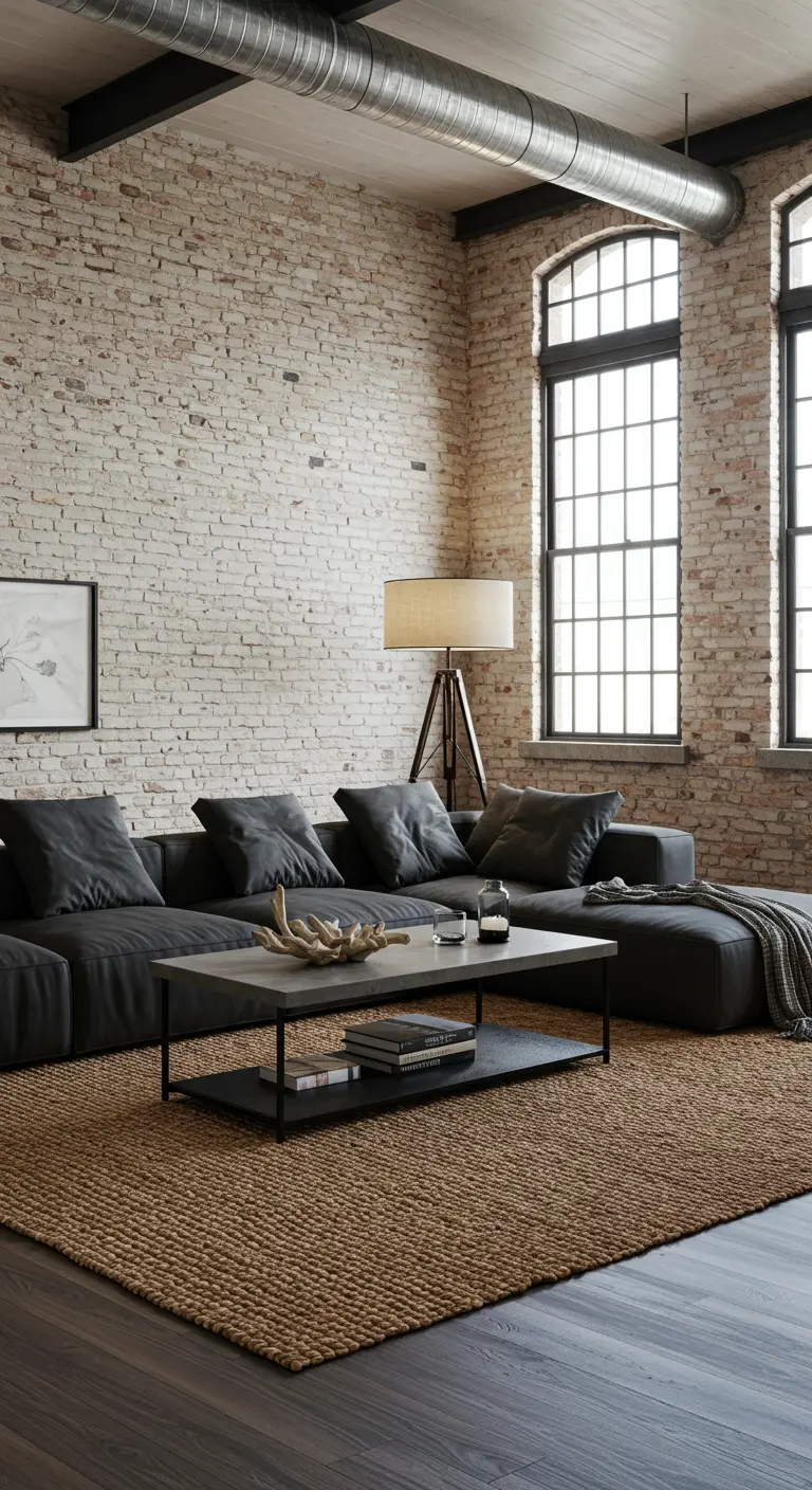Sala de estar tipo loft industrial con pared de ladrillo blanco, sofá oscuro y alfombra de yute.