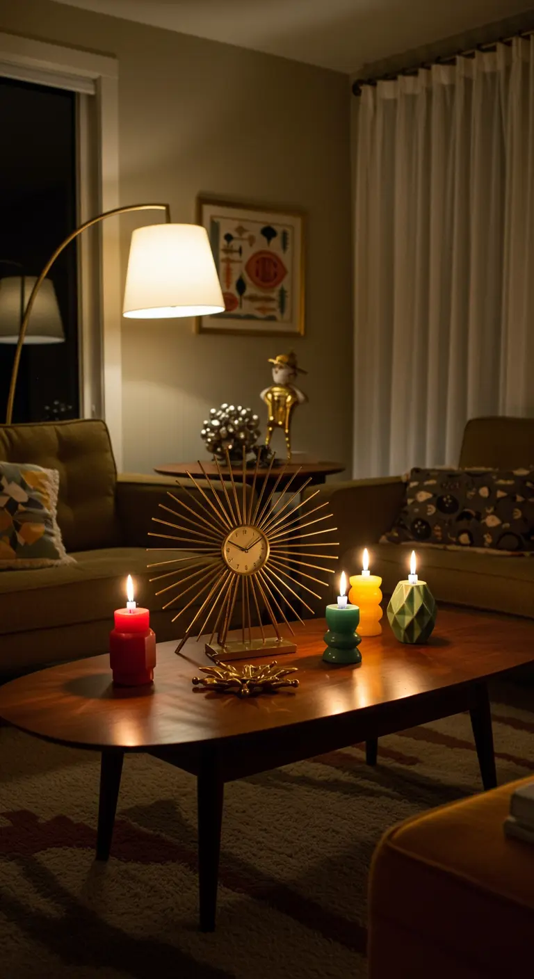 Mesa de centro de estilo Mid-Century con un reloj de sol dorado y velas geométricas.