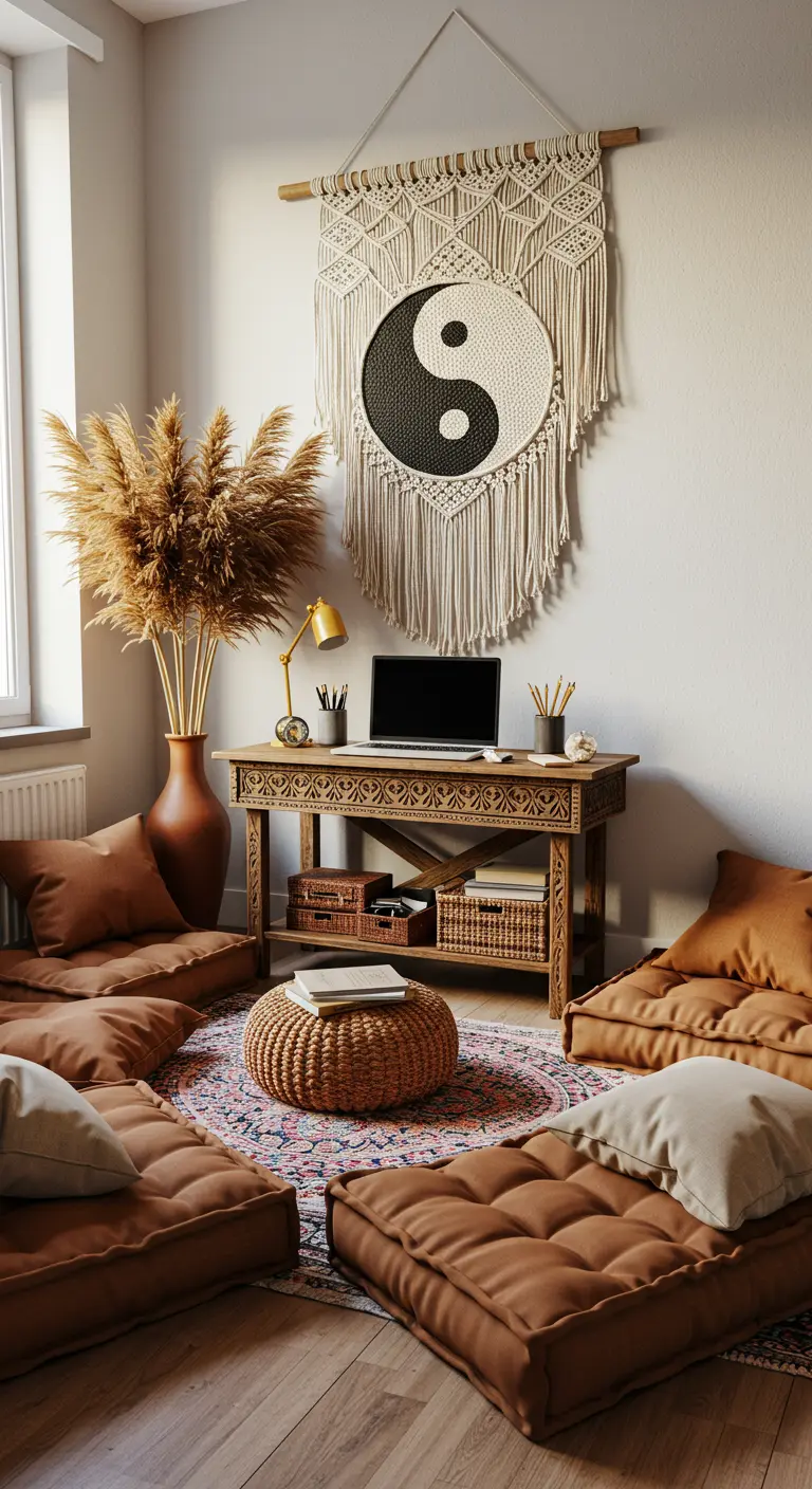 Rincón de trabajo bohemio con cojines de suelo, puf de yute y un gran tapiz de macramé del yin-yang.
