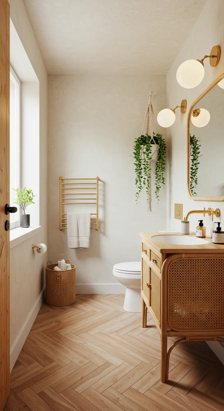 Baño de estilo bohemio con mueble de ratán, plantas colgantes y apliques de globo