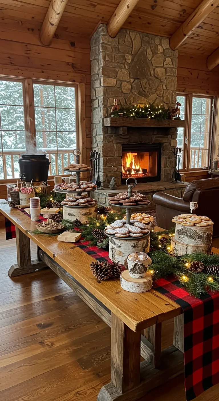 Mesa de madera rústica con chocolate caliente, galletas en soportes de abedul y chimenea al fondo.