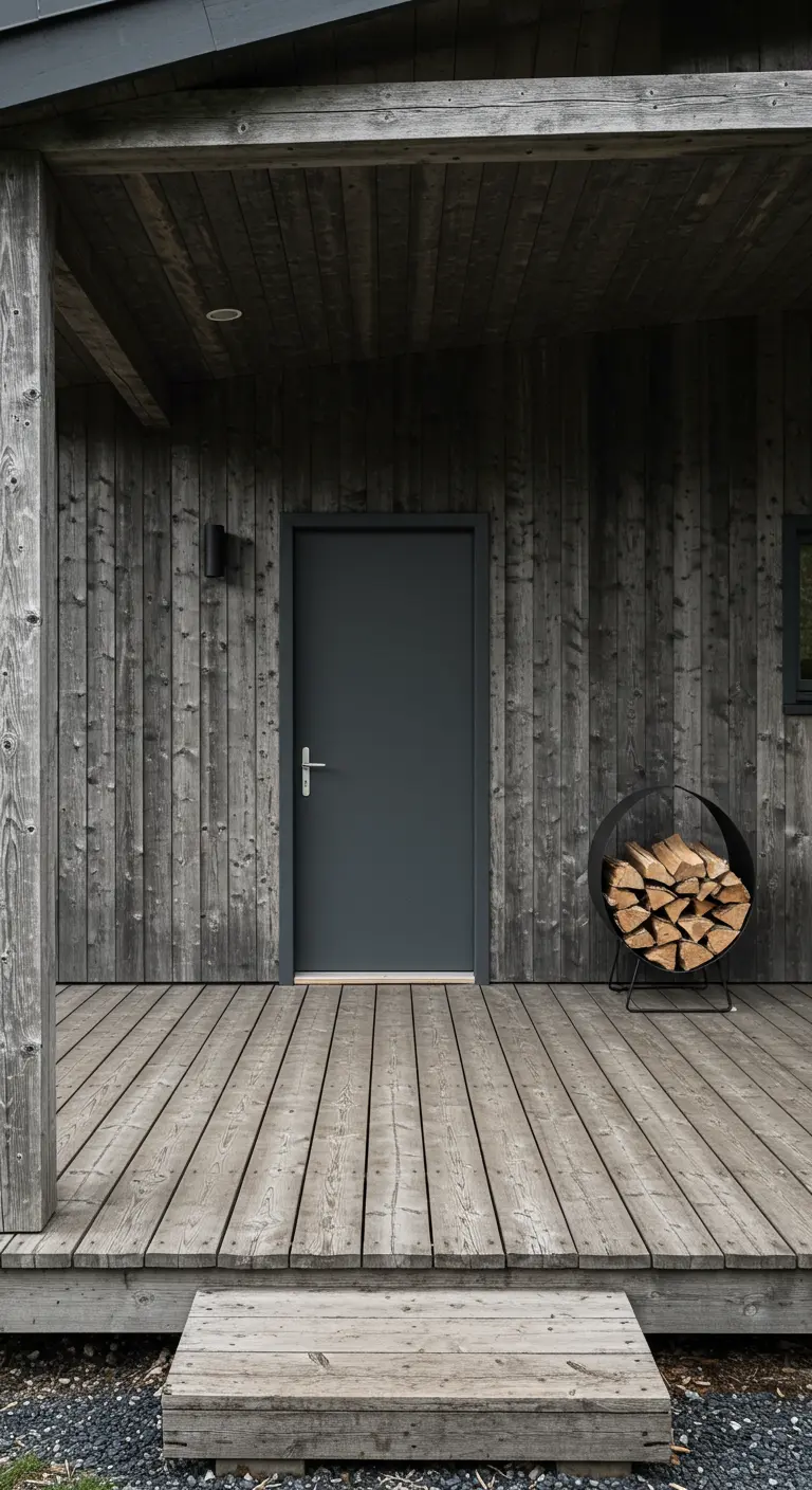 Porche de una cabaña nórdica con revestimiento de madera gris, un leñero metálico y suelo de tarima.