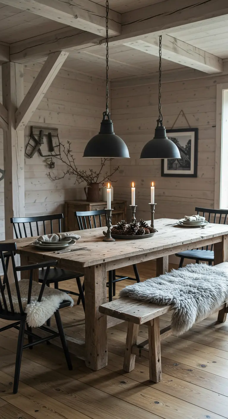 Comedor rústico con mesa de madera envejecida, banco y pieles de oveja en las sillas.